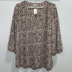 Maurices Leopard Print Button Front Blouse 3/4 Sleeve V-Neck Tan Black XXL 2